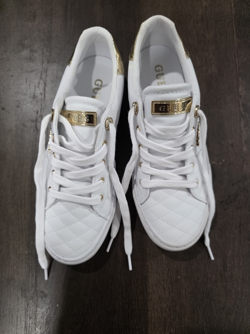 Guess White Quilted Sneakers with Gold Accents
